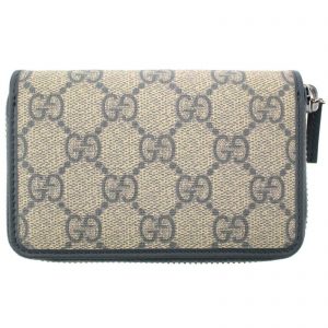 Authentic, New, and Unused Gucci Beige Blue GG Coated Canvas Card Case Wallet 255452 front view