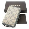Authentic, New, and Unused Gucci Beige Blue GG Coated Canvas Card Case Wallet 255452 top view with gucci box