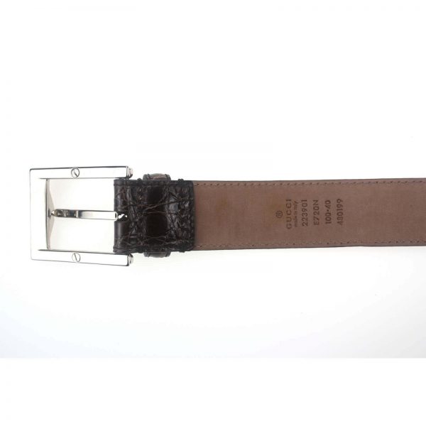 Authentic, New, and Unused Men’s Gucci Crocodile Leather Square Buckle Belt 100B Brown 223901 bottom view with serial number