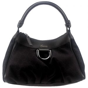 Authentic, New, and Unused Gucci Black Denim Silver D Ring Hobo Handbag 265692 front view