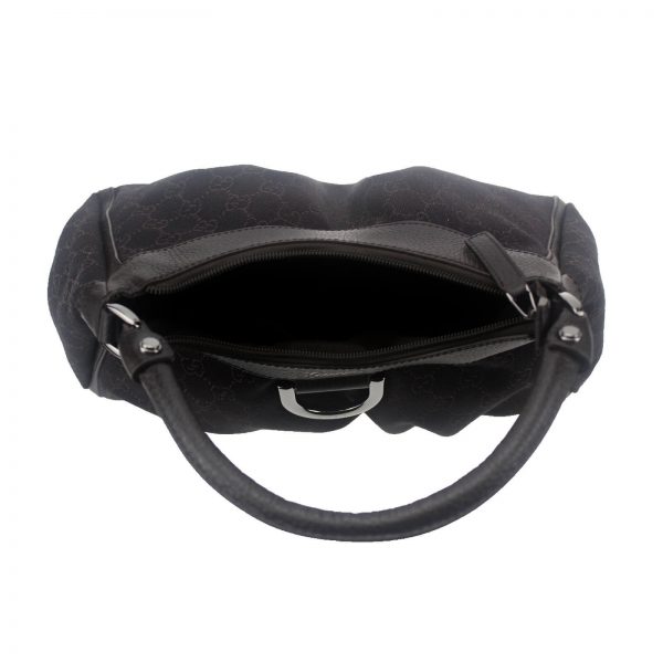 Authentic, New, and Unused Gucci Black Denim Silver D Ring Hobo Handbag 265692 interior detail