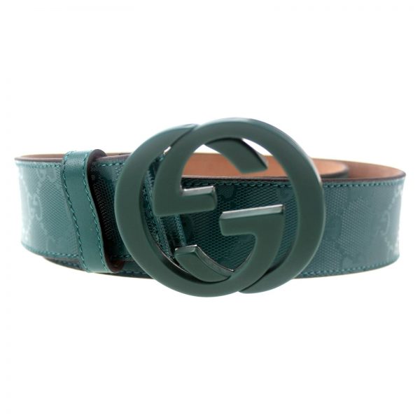 Authentic, New, and Unused Gucci Men’s Teal Imprime Interlocking G Buckle Belt 95B 223891 front view
