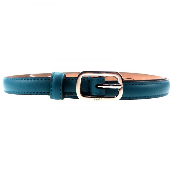Authentic, New, and Unused Gucci Silver Square Buckle Blue Leather Skinny Belt 90B 354659 front view