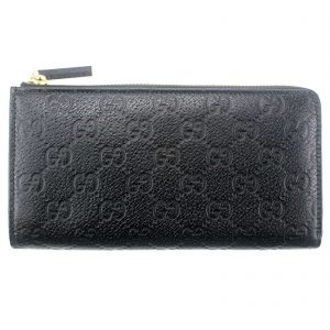 Authentic, New, and Unused Gucci Black Leather GG Guccissima Zip Coin Wallet 332747 front view