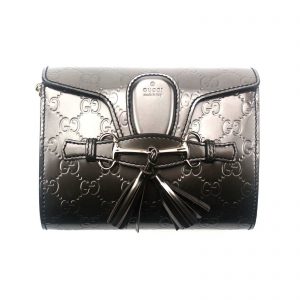 Authentic, New, and Unused Gucci GG Shine Mini Emily Chain Shoulder Bag Sasso 369622 front view
