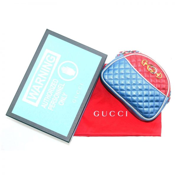 Authentic, New, and Unused Gucci Laminate Quilting Shoulder Bag Red Blue Silver Leather 534951 top view